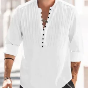 2024 New Men's Bandage Round Collar High Quality Shirt Men's Solid Color Cotton Folding Casual Slim Long-Sleeved Shirt - Image 1
