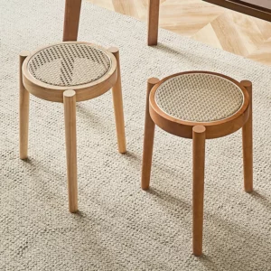 Nordic Solid Wood Rattan Woven Round Stool Casual Low Stool Light Luxury Rattan Woven Household Small Bench for Stacking Shoes - Image 2