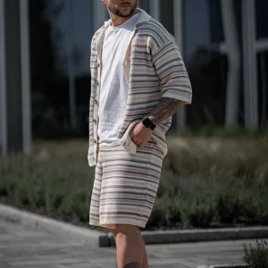 Fashion Mens Outfits Knitted Stripe Crochet Classic Two Piece Set Knit Short Sleeve Lapel Shirt and Shorts Men Suits Streetwear - Image 5