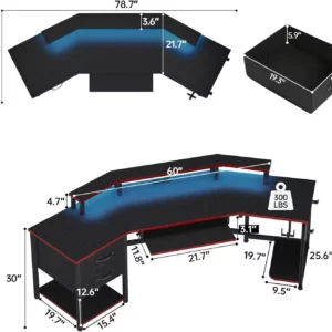 79" Gaming Desk,Computer Desk with 2 Fabric Drawers & LED Light,Small Desk with Storage for Home Office - Image 4