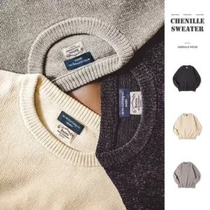 Maden Casual Chenille Round Neck Sweater for Men Warm Skin-friendly Beige Knitwear Autumn Winter Basic Solid Color Soft Sweater - Image 4