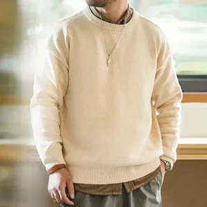 Maden Casual Chenille Round Neck Sweater for Men Warm Skin-friendly Beige Knitwear Autumn Winter Basic Solid Color Soft Sweater - Image 2