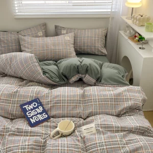 Nordic Plaid Pattern Wash Cotton Bedding Set Duvet Cover Pillowcase Bed Sheet Set Comforter Cover Bed Linens Set Queen King Size - Image 3