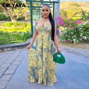 CM.YAYA Women Leopard Spaghetti Strap Loose Wide Leg Sleeveless Jumpsuit 2023 Summer Street Playsuit One Piece Suit Romper - Image 3