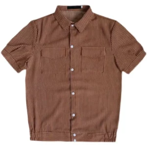 Summer Men's Short-sleeved Shirt Personalized Style Panel Pocket Slimming Stripe Print Korean POLO Collar Single Breasted Top - Image 6
