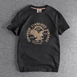 Summer New American Retro Short-sleeved O-neck Eagle Printed T-shirt Men's Fashion Simple 100% Cotton Washed Casual Sport Tops - Image 1