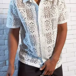 Sexy Hollow Out Embroidery Mesh Shirt Tops Mens Short Sleeve Button Lapel Shirts 2025 Spring Summer Men See Through Hollow Shirt - Image 4