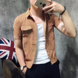 Summer Men's Short-sleeved Shirt Personalized Style Panel Pocket Slimming Stripe Print Korean POLO Collar Single Breasted Top - Image 2