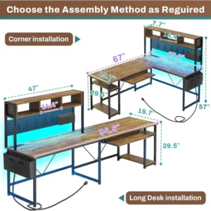 Shaped Computer Desk, with Power Outlet and Pegboard, with Led Lights, Keyboard Tray, Storage Shelves, Computer Desk - Image 2