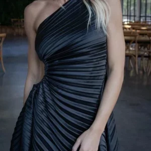 CM.YAYA Women Pleated One Shouloder Sleeveless Cutout Waist Dress 2025 Evening Sexy Club Party Evening High Street Dresses - Image 5