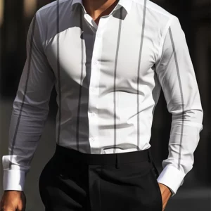 New Temperament Men's Creative Striped Printed Lapel Button Down Shirt Spring And Summer Fashion Casual Long-sleeved Street Tops - Image 1