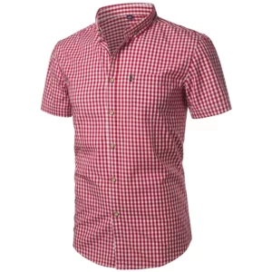 Mens Red Small Plaid Shirts Summer Short Sleeve Cotton Dress Shirts Business Casual Button Down Chemise Homme Camisa Masculina - Image 2