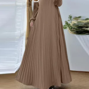 ZANZEA Color-Block Hijab O Neck Pleated Vestidos Muslim Women Long Sleeve Trendy Plisse Patchwork Abaya Robe Islamic Maxi Dress - Image 3