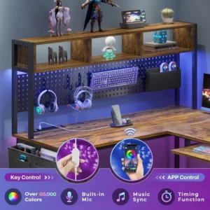 Shaped Computer Desk, with Power Outlet and Pegboard, with Led Lights, Keyboard Tray, Storage Shelves, Computer Desk - Image 4