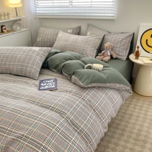 Nordic Plaid Pattern Wash Cotton Bedding Set Duvet Cover Pillowcase Bed Sheet Set Comforter Cover Bed Linens Set Queen King Size - Image 4