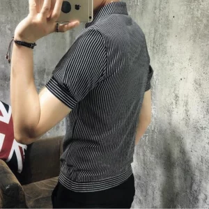 Summer Men's Short-sleeved Shirt Personalized Style Panel Pocket Slimming Stripe Print Korean POLO Collar Single Breasted Top - Image 4