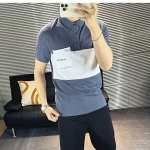 New Men's 2024 Summer Pullover Polo Shirt with Patchwork Buttons Contrast Color Pocket Slim All Match Short Sleeved T-shirt Tops - Image 4