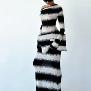 Weird Puss Striped Print Dress Women Trend Contrast Patchwork Inclined Shoulder Neck Full Sleeve Elegant Stretch Long bodycon - Image 1