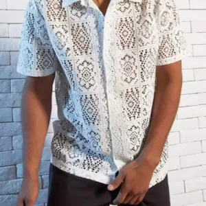 Sexy Hollow Out Embroidery Mesh Shirt Tops Mens Short Sleeve Button Lapel Shirts 2025 Spring Summer Men See Through Hollow Shirt - Image 1