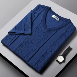 Advanced Design Jacquard V-neck Knitted T-shirt Men's 2024 Summer New Fashion Ice Silk Breathable Large Elastic Short Sleeves - Image 4