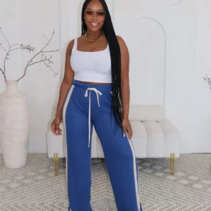 CM.YAYA Vintage Women Striped Straight Drawstring Waist Wide Leg Pants 2024 Casual Sporty Holiday Jogger Sweatpants Trousers - Image 3