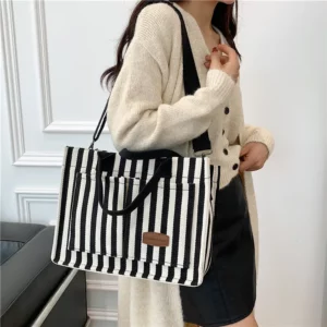 Cool Street Handbag, Large Capacity Women's Shoulder Bag, Trendy Striped Canvas Crossbody Bag, Fashion Travel Shopping Tote Bag - Image 5