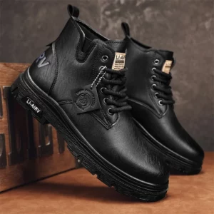 Men's Brand High-quality Outdoor Work Shoes Thick Soled Anti Slip Fashionable Hiking Shoes Trendy Short Boots, Black Men's Boots - Image 1
