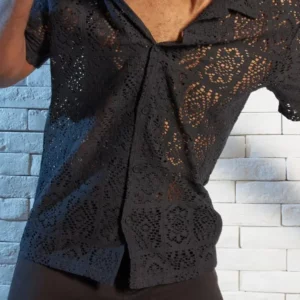 Sexy Hollow Out Embroidery Mesh Shirt Tops Mens Short Sleeve Button Lapel Shirts 2025 Spring Summer Men See Through Hollow Shirt - Image 3
