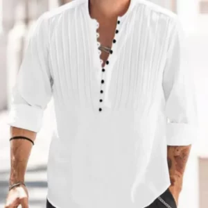 2024 New Men's Bandage Round Collar High Quality Shirt Men's Solid Color Cotton Folding Casual Slim Long-Sleeved Shirt - Image 5