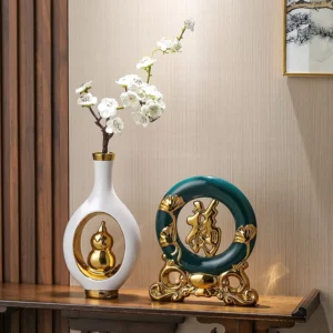Chinese Style Creativity Ceramic Vase Wooden Frame Retro Openwork Vase Modern Home Flower Arrangement Decoration Flower Vases - Image 2