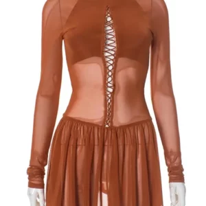 Joskaa Sexy Mesh See Through Mini Dress Women Half High Collar Hollow Bandage Full Sleeve Body-Shaping Vestidos 2025 Clubwear - Image 4