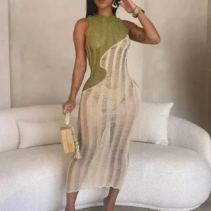 Joskaa Knitted Patchwork Long Summer Dresses Women 2023 Beach Vacation Wear Sexy See Through O-Neck Sleeveless Slim Midi Dress - Image 4