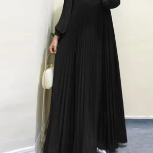 ZANZEA Color-Block Hijab O Neck Pleated Vestidos Muslim Women Long Sleeve Trendy Plisse Patchwork Abaya Robe Islamic Maxi Dress - Image 2