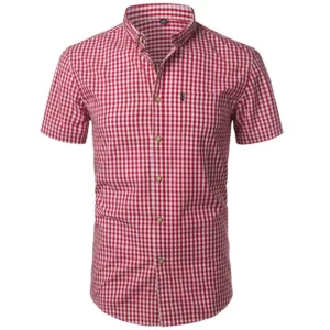 Mens Red Small Plaid Shirts Summer Short Sleeve Cotton Dress Shirts Business Casual Button Down Chemise Homme Camisa Masculina - Image 1