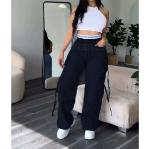 Denim Straight Jeans Wide Leg Women High Waist Loose Pants Y2K Trousers Hip-hop Streetwear Waist Colorblocked Design Loose Jeans - Image 4