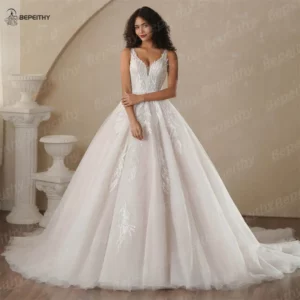 BEPEITHY Customized A-Line Champagne Wedding Dresses 2025 Spring V Neck Sleeveless Romantic Bride Ivory Bridal Gown Vestidos - Image 3