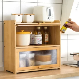 Multipurpose Wood Countertop Bathroom Cabinet for Kitchen with 2 Window Doors Storage for Spice Jars Vanity Beauty Accessories - Image 2