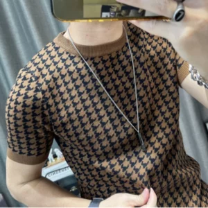 New Houndstooth Men Short Sleeve Sweater T-shirt O-neck Knitted Top Tees Streetwear High Quality Social Club Casual Tee Shirt - Image 4