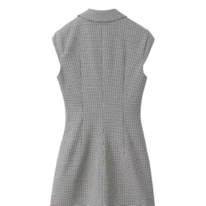 TRAFZA Summer Women Elegant Plaid Sleeveless Mini Dress Woman Single-breasted Design Turn-down Collar Dress Casual Party Dress - Image 5