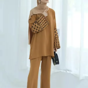 2Pieces Ramadan Eid Djellaba Suits Abaya Dubai Embroidery Shirt + Pants Muslim Sets Abaya Dubai Muslim Islam Abayas WY2060 - Image 3