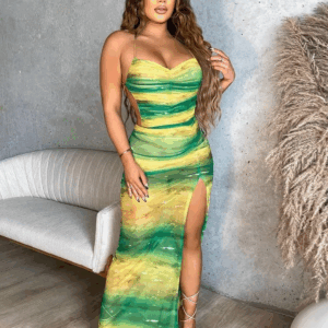Weird Puss Gradient Backless Dress Women Halter See Through Ruched Summer Trend Split Long Bodycon Coquette Bandage Vestidos - Image 4