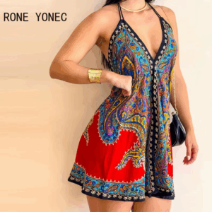 Women Sexy Allover Print Halter Sleeveless Lace Up Deep V Neck Backless Mini A Line Sexy Dresses - Image 5