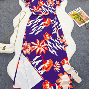 Floral Print Crew Neck Dress, Vacation Style Ruffle Sleeve Split Hem Maxi Dress For Spring & Summer, Women's Clothing - Image 5