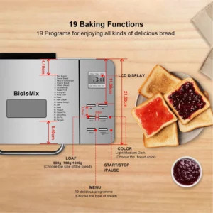 Biolomix Stainless Steel 1KG 19-in-1 Automatic Bread Maker 650W Programmable Bread Machine with 3 Loaf Sizes Fruit Nut Dispenser - Image 5