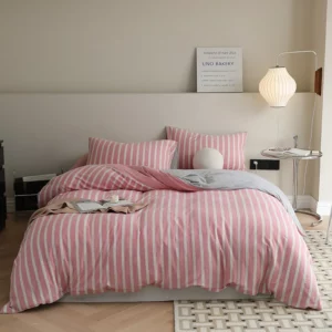 3/4pc Jersey Knit Cotton Bed Sets Single King Size Bed Linen Light Green Stripe Duvet Cover Set Queen Fitted Sheet Japanese Styl - Image 6