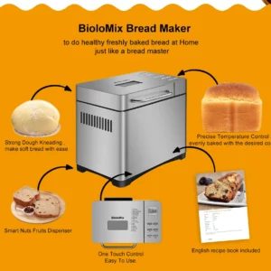 Biolomix Stainless Steel 1KG 19-in-1 Automatic Bread Maker 650W Programmable Bread Machine with 3 Loaf Sizes Fruit Nut Dispenser - Image 4