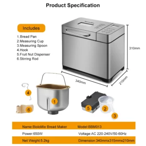 Biolomix Stainless Steel 1KG 19-in-1 Automatic Bread Maker 650W Programmable Bread Machine with 3 Loaf Sizes Fruit Nut Dispenser - Image 6
