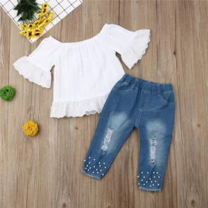 1-6Years Kids Baby Girls Clothes Set Off Shoulder White Lace Tops Shirt Pearl Denim Long Pants Jeans Toddler Set Girls Outfits - Image 2