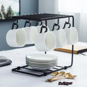 Metal Coffee Mug Cup Holder Rack Organizer Storage Stand for Kitchen Counter Cabinet Table 6 Hooks Shelf for Display and Drying - Image 2