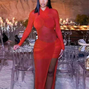 Weird Puss See Through Hipster Dress Women Cross V-Neck Skinny Full Sleeve Sexy Slits Hem Midnight Prom Party Trend Long Bodycon - Image 4